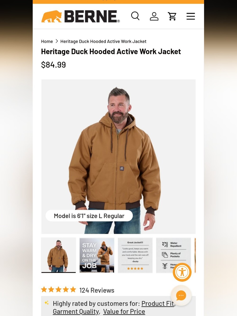 Mens Heritage Duck Hooded Active Work Jacket Size Large Tall